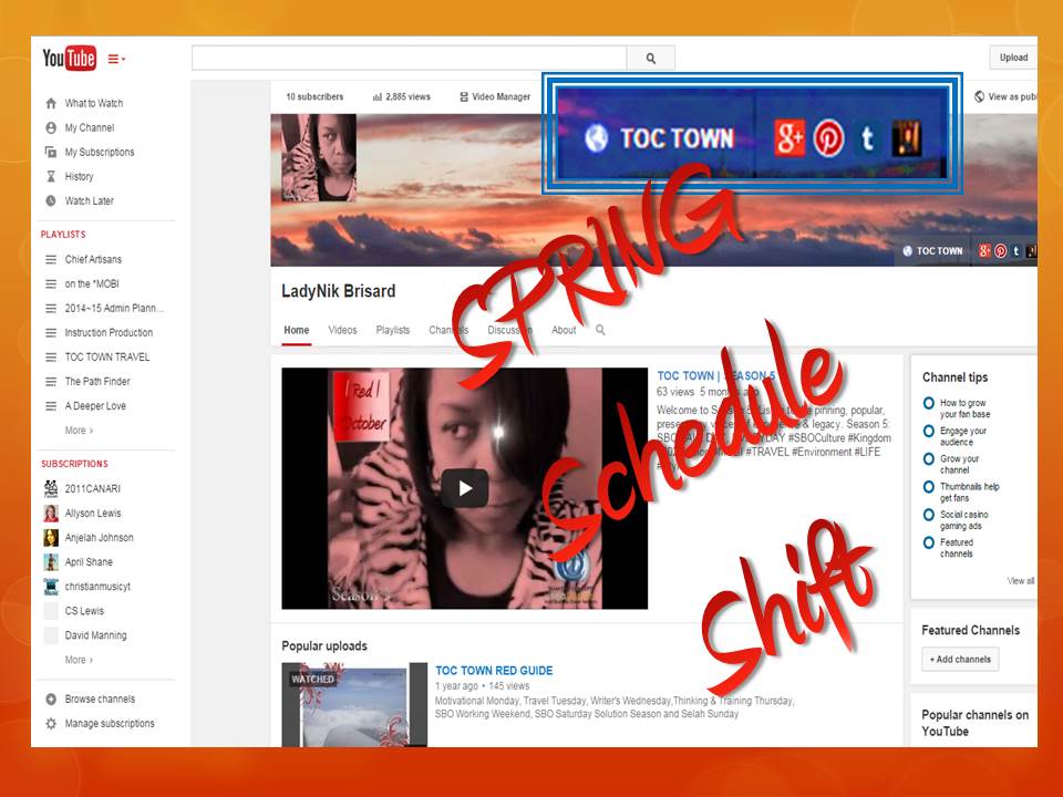 http://toctown.com We have shifted our social media schedule and channels by allowing direct access to our media home base and tributaries. Hopefully, daylight savings time allows us to cover more territories as to inspire leaders within our local communities as well as establishing greater stability for future community chiefs.